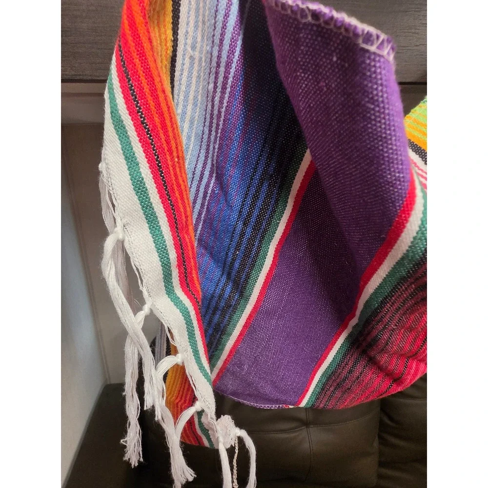 Mexican Serape Blanket Purple Multi Color Striped Falsa Throw Table Runner 82x14